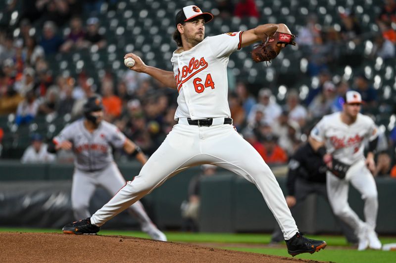 Sep 18, 2024; Baltimore, Maryland, USA;  Baltimore Orioles pitcher Dean Kremer (64) throws a first inning pitch against the San Francisco Giants at Oriole Park at Camden Yards. Mandatory Credit: Tommy Gilligan-Imagn Images