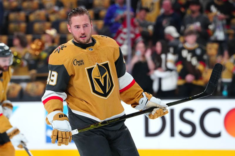 May 8, 2025; Las Vegas, Nevada, USA; Vegas Golden Knights center Ivan Barbashev (49) warms up before game two of the second round of the 2025 Stanley Cup Playoffs against the Edmonton Oilers at T-Mobile Arena. Mandatory Credit: Stephen R. Sylvanie-Imagn Images