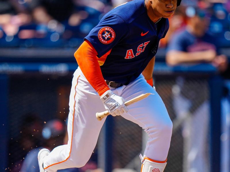 Mar 5, 2023; West Palm Beach, Florida, USA; Houston Astros shortstop Jeremy Pena (3) attempts to run to first base with his broken bat handle against the Washington Nationals during the first inning at The Ballpark of the Palm Beaches. Mandatory Credit: Rich Storry-USA TODAY Sports