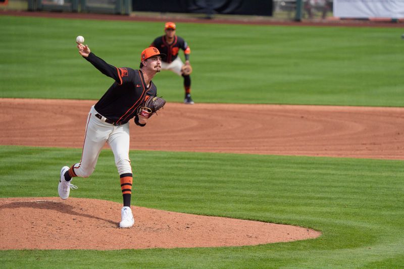 Feb 24, 2024; Scottsdale, Arizona, USA; San Francisco pitcher Sean Hjelle (64) on the mound in the third inning during a spring training game against the Chicago Cubs at Scottsdale Stadium. Mandatory Credit: Allan Henry-USA TODAY Sports