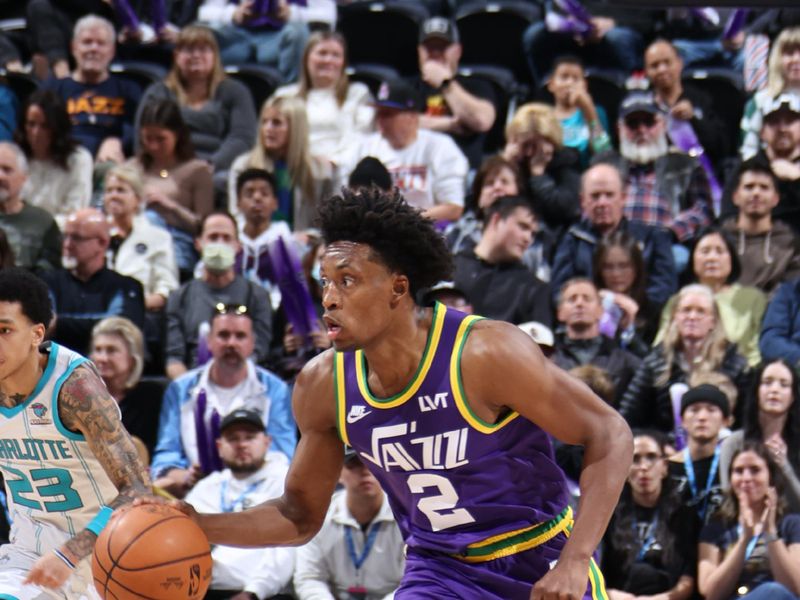 SALT LAKE CITY, UT - FEBRUARY 22: Colin Sexton #2 of the Utah Jazz dribbles the ball during the game against the Charlotte Hornets on February 22, 2024 at Delta Center in Salt Lake City, Utah. NOTE TO USER: User expressly acknowledges and agrees that, by downloading and or using this Photograph, User is consenting to the terms and conditions of the Getty Images License Agreement. Mandatory Copyright Notice: Copyright 2024 NBAE (Photo by Melissa Majchrzak/NBAE via Getty Images)