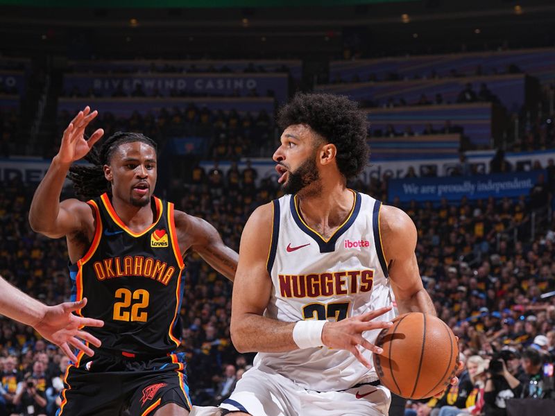 OKLAHOMA CITY, OK - MAY 5: Jamal Murray #27 of the Denver Nuggets handles the ball during the game against the Oklahoma City Thunder during Round Two Game One of the 2025 NBA Playoffs on May 5, 2025 at Paycom Center in Oklahoma City, Oklahoma. NOTE TO USER: User expressly acknowledges and agrees that, by downloading and or using this photograph, User is consenting to the terms and conditions of the Getty Images License Agreement. Mandatory Copyright Notice: Copyright 2025 NBAE (Photo by Garrett Ellwood/NBAE via Getty Images)