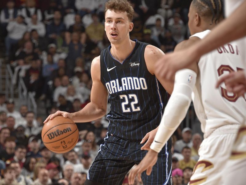 CLEVELAND, OH - APRIL 20: Franz Wagner #22 of the Orlando Magic looks on during Round 1 Game 1 of the 2024 NBA Playoffs against the Cleveland Cavaliers on April 20, 2024 at Rocket Mortgage FieldHouse in Cleveland, Ohio. NOTE TO USER: User expressly acknowledges and agrees that, by downloading and/or using this Photograph, user is consenting to the terms and conditions of the Getty Images License Agreement. Mandatory Copyright Notice: Copyright 2024 NBAE (Photo by David Liam Kyle/NBAE via Getty Images)