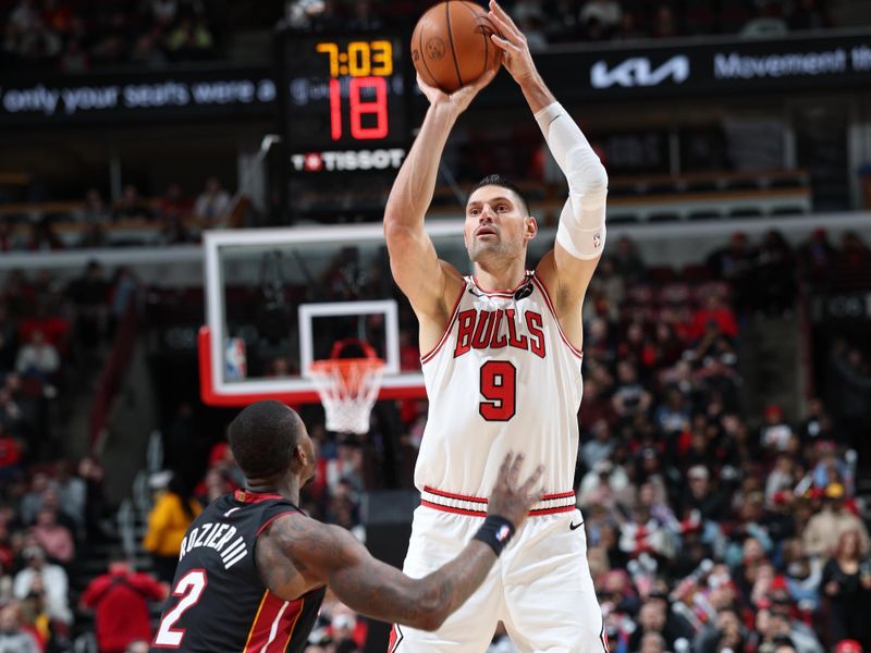 CHICAGO, IL - FEBRUARY 4:  Nikola Vucevic #9 of the Chicago Bulls on February 4 2025 at United Center in Chicago, Illinois. NOTE TO USER: User expressly acknowledges and agrees that, by downloading and or using this photograph, User is consenting to the terms and conditions of the Getty Images License Agreement. Mandatory Copyright Notice: Copyright 2025 NBAE (Photo by Jeff Haynes/NBAE via Getty Images)