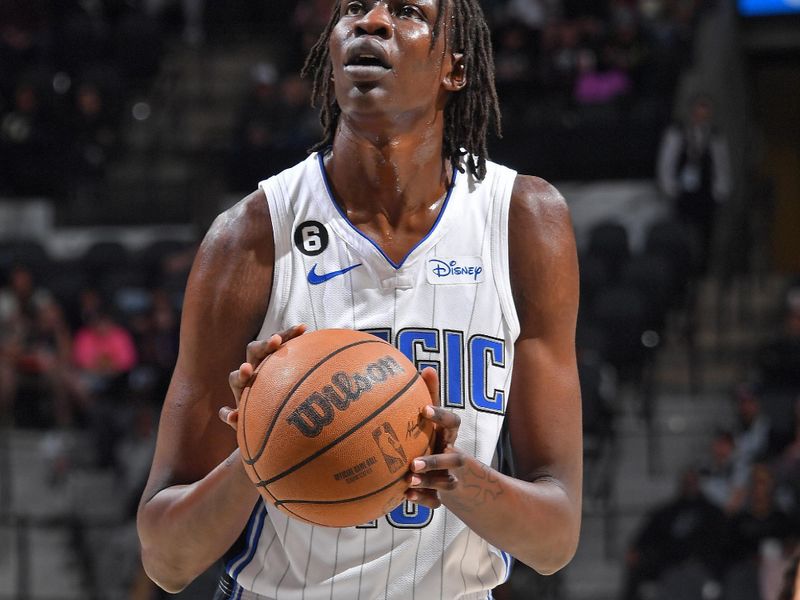 SAN ANTONIO, TX - MARCH 14: Bol Bol #10 of the Orlando Magic shoots a free throw during the game against the San Antonio Spurs on March 14, 2023 at the AT&T Center in San Antonio, Texas. NOTE TO USER: User expressly acknowledges and agrees that, by downloading and or using this photograph, user is consenting to the terms and conditions of the Getty Images License Agreement. Mandatory Copyright Notice: Copyright 2023 NBAE (Photos by Michael Gonzales/NBAE via Getty Images)