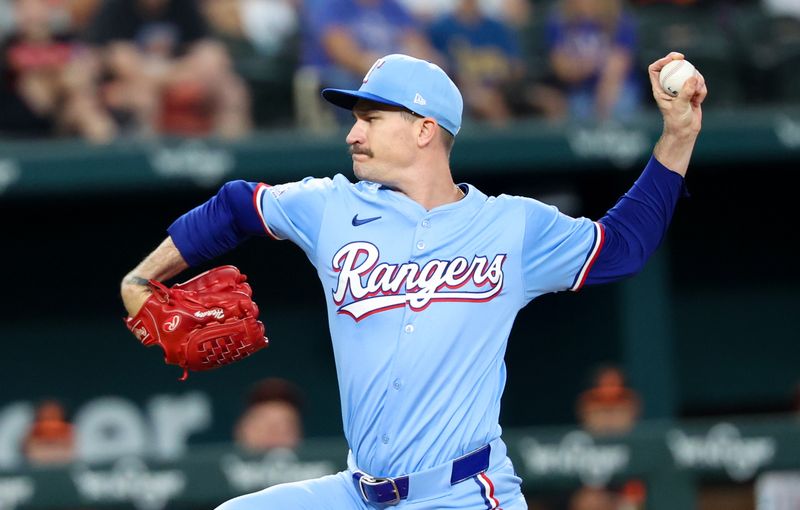Jul 21, 2024; Arlington, Texas, USA;  Texas Rangers starting pitcher Andrew Heaney (44) throws during the first inning against the Baltimore Orioles at Globe Life Field. Mandatory Credit: Kevin Jairaj-USA TODAY Sports