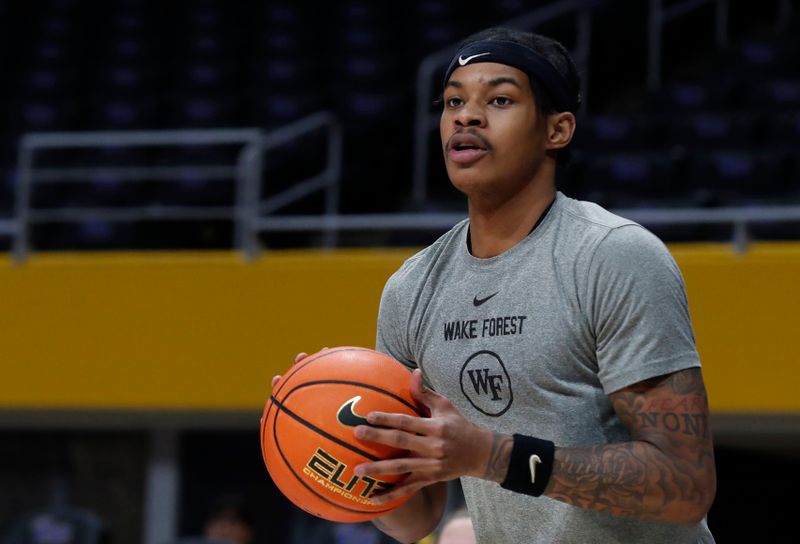 Jan 25, 2023; Pittsburgh, Pennsylvania, USA;  Wake Forest Demon Deacons guard Damari Monsanto (30) warms up before the game against the Pittsburgh Panthers at the Petersen Events Center. Mandatory Credit: Charles LeClaire-USA TODAY Sports