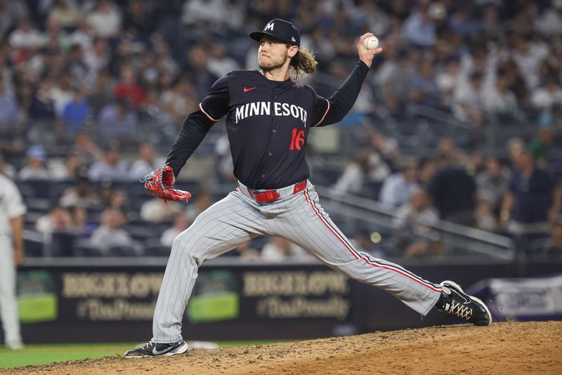 Jun 5, 2024; Bronx, New York, USA; Minnesota Twins relief pitcher Steven Okert (16) delivers a pitch during the eighth inning against the New York Yankees at Yankee Stadium. Mandatory Credit: Vincent Carchietta-USA TODAY Sports