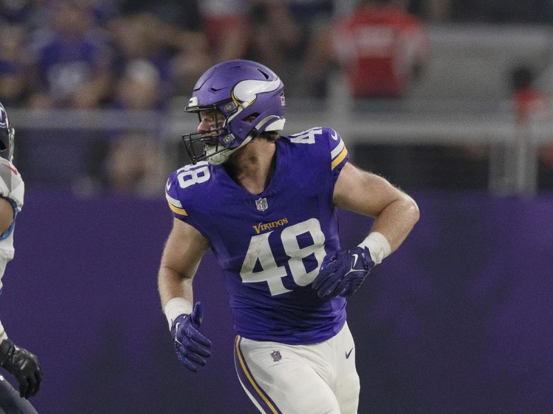 Minnesota Vikings tight end Colin Thompson (48) in action during the second half of an NFL preseason football game against the Tennessee Titans, Saturday, Aug. 19, 2023 in Minneapolis. Tennessee won 24-16. (AP Photo/Stacy Bengs)