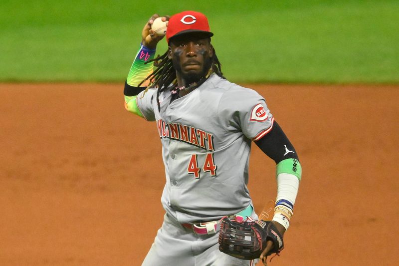 Sep 24, 2024; Cleveland, Ohio, USA; Cincinnati Reds shortstop Elly De La Cruz (44) throws to first base in the seventh inning against the Cleveland Guardians at Progressive Field. Mandatory Credit: David Richard-Imagn Images