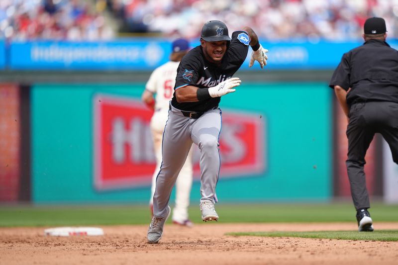 Apr 19, 2025; Philadelphia, Pennsylvania, USA; Miami Marlins outfielder Dane Myers (54) advances to third against the Philadelphia Phillies in the sixth inning at Citizens Bank Park. Mandatory Credit: Kyle Ross-Imagn Images