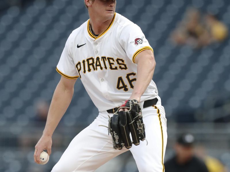 May 7, 2024; Pittsburgh, Pennsylvania, USA;  Pittsburgh Pirates starting pitcher Quinn Priester (46) delivers a pitch against the Los Angeles Angels during the first inning at PNC Park. Mandatory Credit: Charles LeClaire-USA TODAY Sports