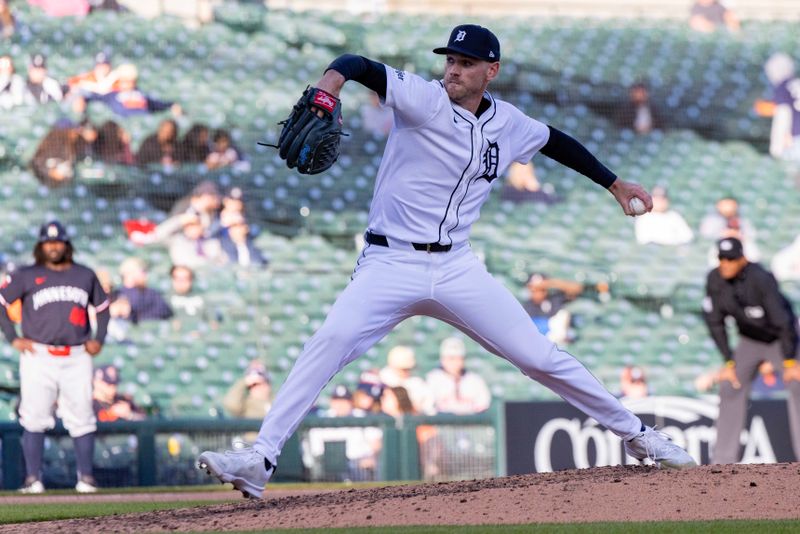 Apr 13, 2024; Detroit, Michigan, USA; Detroit Tigers pitcher Joey Wentz (43) throws in the eighth inning during game two of a double header against the Minnesota Twins at Comerica Park. Mandatory Credit: David Reginek-USA TODAY Sports