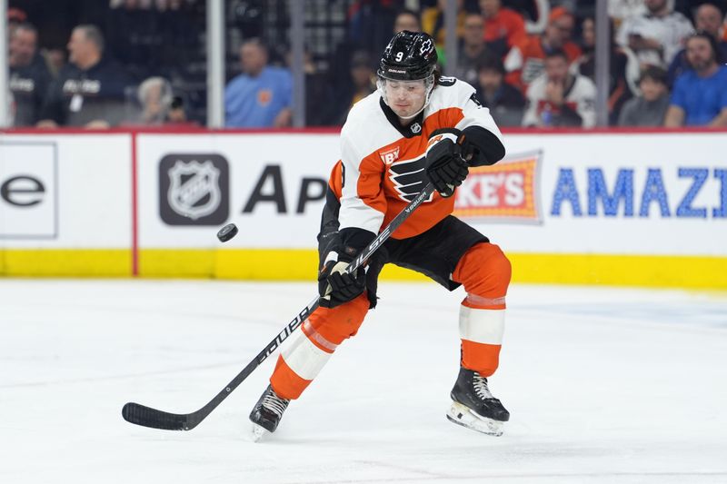 Mar 11, 2026; Philadelphia, Pennsylvania, USA; Philadelphia Flyers defenseman Jamie Drysdale (9) defends a shot against the Washington Capitals in the first period at Xfinity Mobile Arena. Mandatory Credit: Kyle Ross-Imagn Images