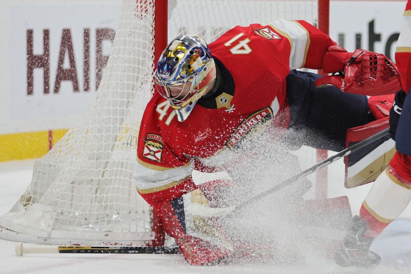 Feb 29, 2024; Sunrise, Florida, USA; Florida Panthers goaltender Anthony Stolarz (41) defends his net against the Montreal Canadiens during the first period at Amerant Bank Arena. Mandatory Credit: Sam Navarro-USA TODAY Sports