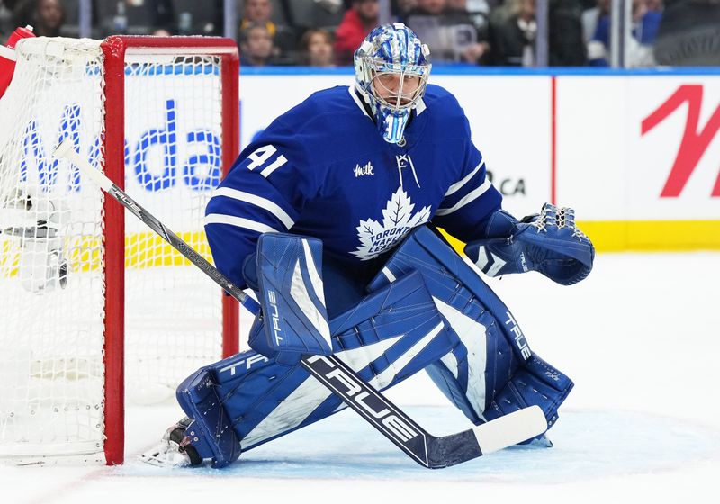 Nov 5, 2024; Toronto, Ontario, CAN; Toronto Maple Leafs goaltender Anthony Stolarz (41) follows the play against the Boston Bruins during the second period at Scotiabank Arena. Mandatory Credit: Nick Turchiaro-Imagn Imagess