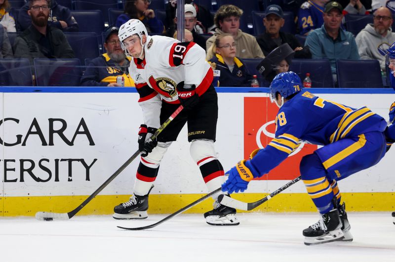 Nov 5, 2024; Buffalo, New York, USA;  Buffalo Sabres defenseman Jacob Bryson (78) looks to block a pass by Ottawa Senators right wing Drake Batherson (19) during the third period at KeyBank Center. Mandatory Credit: Timothy T. Ludwig-Imagn Images