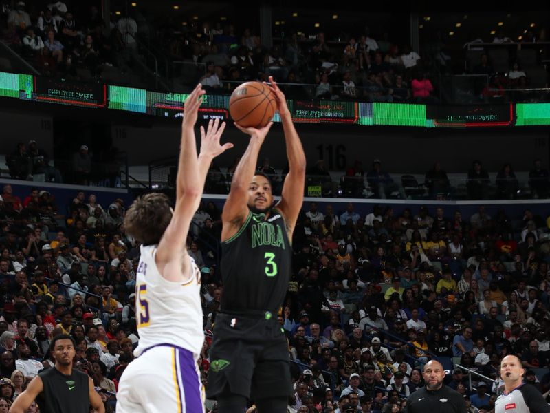 NEW ORLEANS, LA - APRIL 14: CJ McCollum #3 of the New Orleans Pelicans shoots the ball during the game against the Los Angeles Lakers on April 14, 2024 at the Smoothie King Center in New Orleans, Louisiana. NOTE TO USER: User expressly acknowledges and agrees that, by downloading and or using this Photograph, user is consenting to the terms and conditions of the Getty Images License Agreement. Mandatory Copyright Notice: Copyright 2024 NBAE (Photo by Layne Murdoch Jr./NBAE via Getty Images)