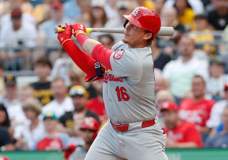 Jul 2, 2024; Pittsburgh, Pennsylvania, USA;  St. Louis Cardinals second baseman Nolan Gorman (16) hits a grand slam home run against the Pittsburgh Pirates during the fourth inning at PNC Park. Mandatory Credit: Charles LeClaire-USA TODAY Sports