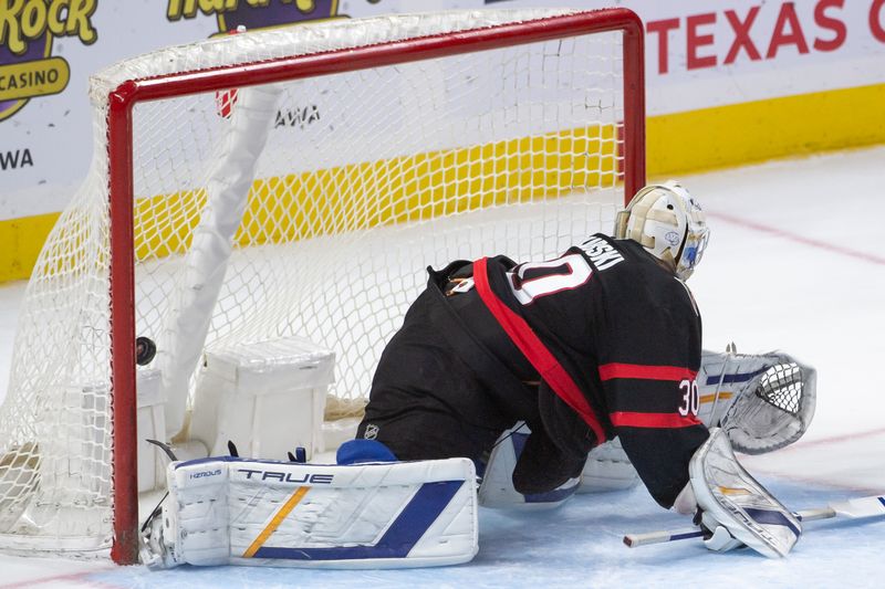 Sep 26, 2024; Ottawa, Ontario, CAN; Buffalo Sabres center Noah Ostlund (36 - not pictured) scores against Ottawa Senators goalie Dustin Tokarski (30) in overtime at the Canadian Tire Centre. Mandatory Credit: Marc DesRosiers-Imagn Images