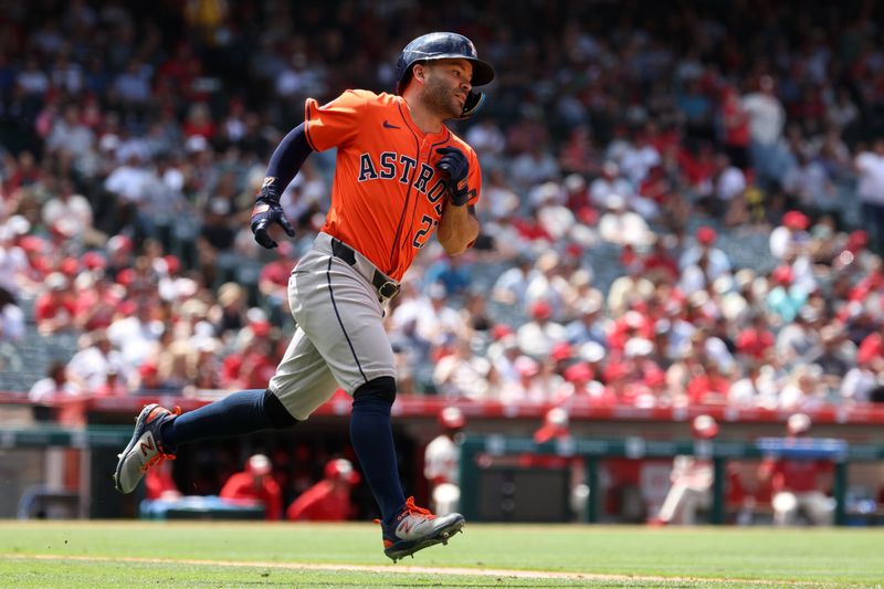 Jun 9, 2024; Anaheim, California, USA;  Houston Astros second baseman Jose Altuve (27) runs around bases after hitting an 2-run home run during the sixth inning against the Los Angeles Angels at Angel Stadium. Mandatory Credit: Kiyoshi Mio-USA TODAY Sports
