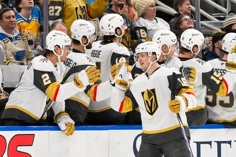 Jan 23, 2025; St. Louis, Missouri, USA;  Vegas Golden Knights left wing Pavel Dorofeyev (16) is congratulated by teammates after scoring against the St. Louis Blues during the second period at Enterprise Center. Mandatory Credit: Jeff Curry-Imagn Images