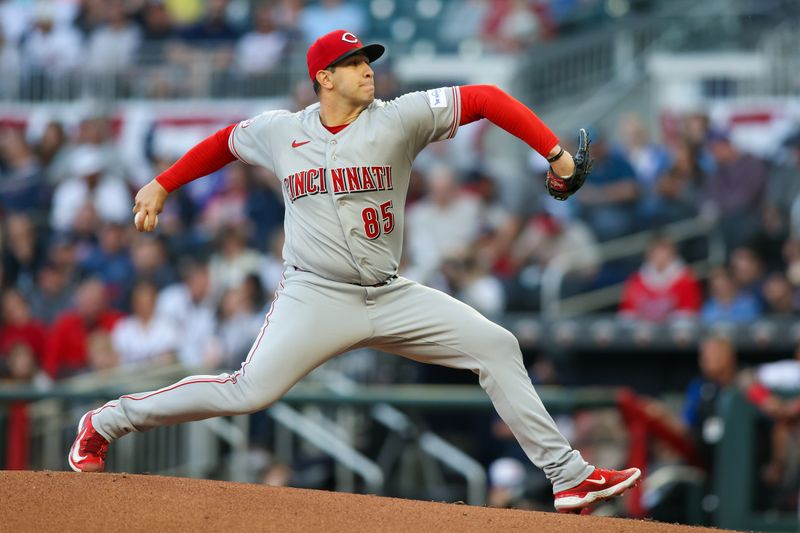 Apr 11, 2023; Atlanta, Georgia, USA; Cincinnati Reds starting pitcher Luis Cessa (85) throws against the Atlanta Braves in the first inning at Truist Park. Mandatory Credit: Brett Davis-USA TODAY Sports