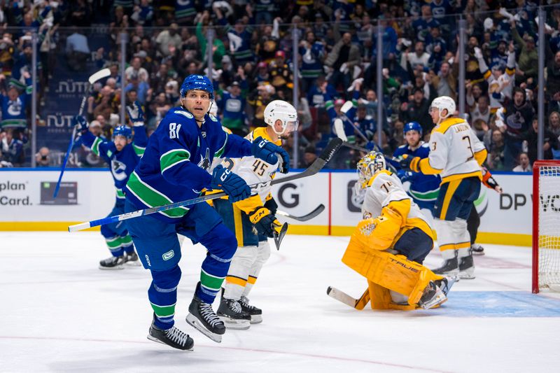 Apr 21, 2024; Vancouver, British Columbia, CAN; Vancouver Canucks forward Dakota Joshua (81) celebrates scoring the game winning goal against the Nashville Predators in the third period in game one of the first round of the 2024 Stanley Cup Playoffs at Rogers Arena. Mandatory Credit: Bob Frid-USA TODAY Sports