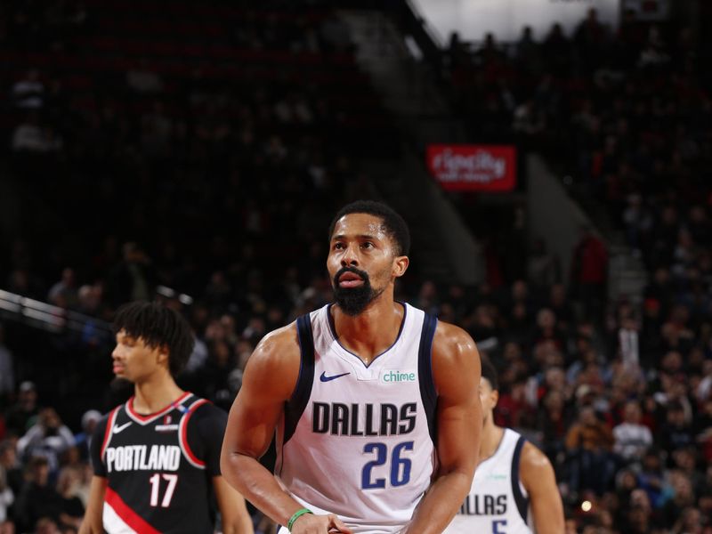 PORTLAND, OR - DECEMBER 1: Spencer Dinwiddie #26 of the Dallas Mavericks prepares to shoot a free throw during the game against the Portland Trail Blazers on December 1, 2024 at the Moda Center Arena in Portland, Oregon. NOTE TO USER: User expressly acknowledges and agrees that, by downloading and or using this photograph, user is consenting to the terms and conditions of the Getty Images License Agreement. Mandatory Copyright Notice: Copyright 2024 NBAE (Photo by Cameron Browne/NBAE via Getty Images)