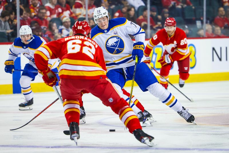 Mar 24, 2024; Calgary, Alberta, CAN; Buffalo Sabres right wing Tage Thompson (72) controls the puck against the Calgary Flames during the first period at Scotiabank Saddledome. Mandatory Credit: Sergei Belski-USA TODAY Sports