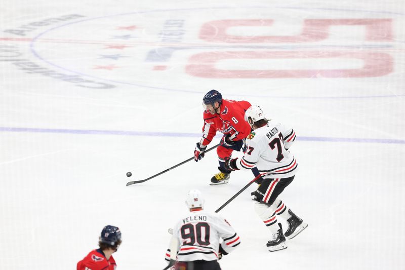 Apr 4, 2025; Washington, District of Columbia, USA; Washington Capitals left wing Alex Ovechkin (8) skates with the puck as Chicago Blackhawks left wing Patrick Maroon (77) defends during the second period at Capital One Arena. Mandatory Credit: Amber Searls-Imagn Images