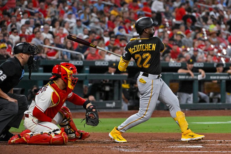 Sep 2, 2023; St. Louis, Missouri, USA;  Pittsburgh Pirates designated hitter Andrew McCutchen (22) hits a one run single against the St. Louis Cardinals during the fifth inning at Busch Stadium. Mandatory Credit: Jeff Curry-USA TODAY Sports