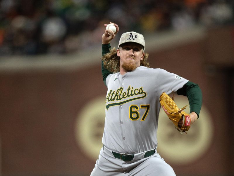 May 16, 2025; San Francisco, California, USA; Athletics pitcher Grant Holman (67) delivers against the San Francisco Giants during the fifth inning at Oracle Park. Mandatory Credit: D. Ross Cameron-Imagn Images