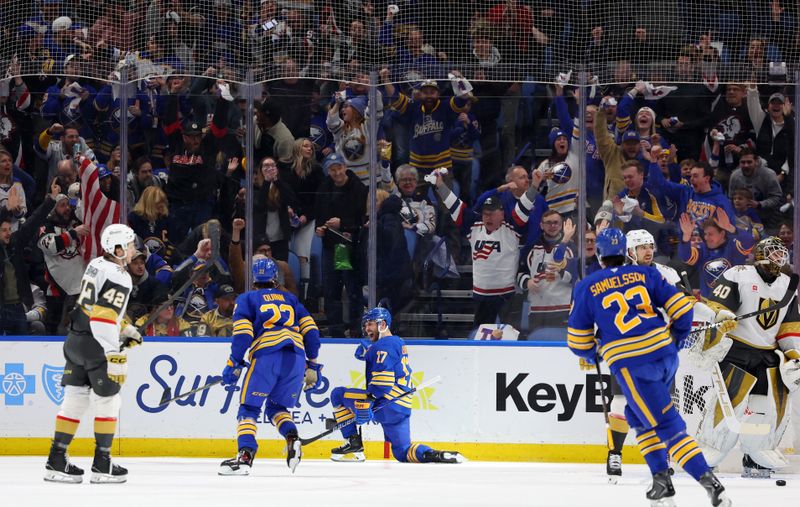 Mar 3, 2026; Buffalo, New York, USA;  Buffalo Sabres left wing Jason Zucker (17) reacts after scoring a goal during the first period against the Vegas Golden Knights at KeyBank Center. Mandatory Credit: Timothy T. Ludwig-Imagn Images