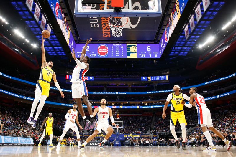 DETROIT, MI - OCTOBER 23: Tyrese Haliburton #0 of the Indiana Pacers drives to the basket during the game against the Detroit Pistons on October 23, 2024 at Little Caesars Arena in Detroit, Michigan. NOTE TO USER: User expressly acknowledges and agrees that, by downloading and/or using this photograph, User is consenting to the terms and conditions of the Getty Images License Agreement. Mandatory Copyright Notice: Copyright 2024 NBAE (Photo by Brian Sevald/NBAE via Getty Images)