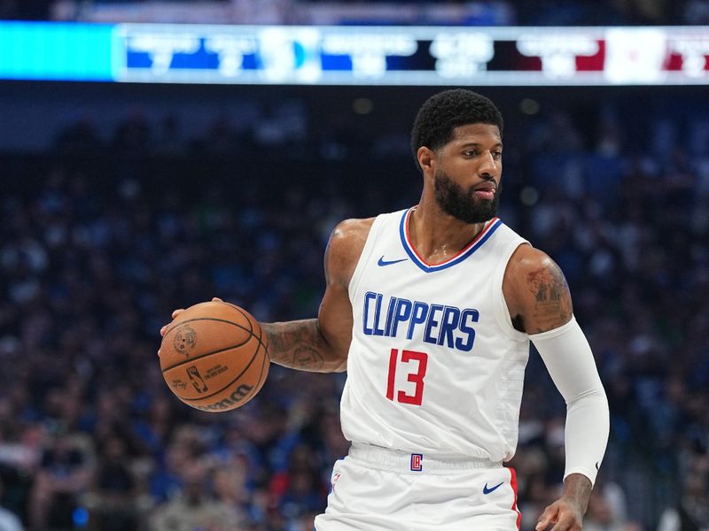 DALLAS, TX - APRIL 26: Paul George #13 of the LA Clippers dribbles the ball during the game against the Dallas Mavericks during Round 1 Game 3 of the 2024 NBA Playoffs on April 26, 2024 at the American Airlines Center in Dallas, Texas. NOTE TO USER: User expressly acknowledges and agrees that, by downloading and or using this photograph, User is consenting to the terms and conditions of the Getty Images License Agreement. Mandatory Copyright Notice: Copyright 2023 NBAE (Photo by Glenn James/NBAE via Getty Images)