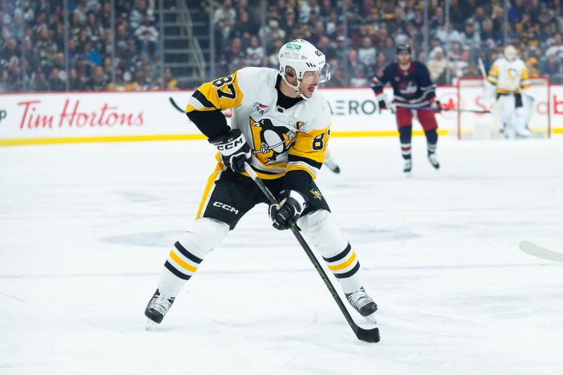 Feb 10, 2024; Winnipeg, Manitoba, CAN;  Pittsburgh Penguins forward Sidney Crosby (87) looks to make a pass in the Winnipeg Jets zone during the first period at Canada Life Centre. Mandatory Credit: Terrence Lee-USA TODAY Sports