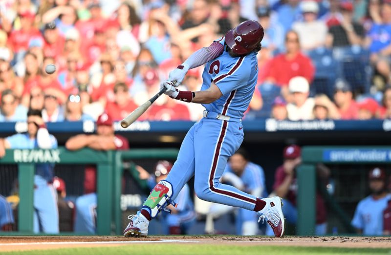 Jun 27, 2024; Philadelphia, Pennsylvania, USA; Philadelphia Phillies first baseman Bryce Harper (3) hits an RBI double against the Miami Marlins in the first inning at Citizens Bank Park. Mandatory Credit: Kyle Ross-USA TODAY Sports