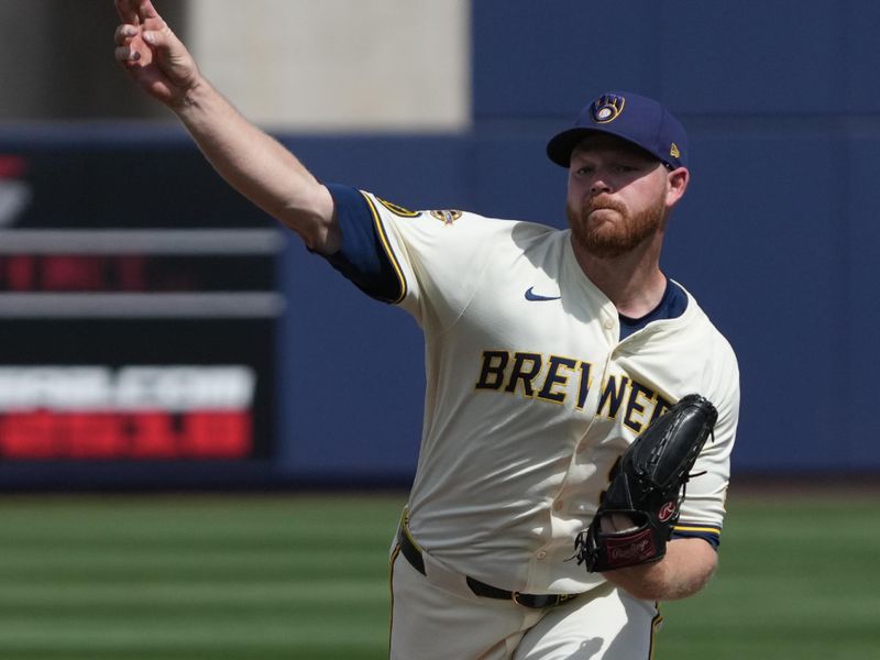 Mar 16, 2025; Phoenix, Arizona, USA; Milwaukee Brewers pitcher Brandon Woodruff (53) throws against the Cleveland Guardians in the first inning at American Family Fields of Phoenix. Mandatory Credit: Rick Scuteri-Imagn Images