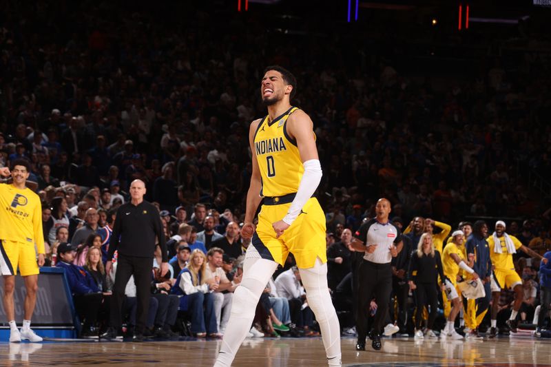 NEW YORK, NY - MAY 19: Tyrese Haliburton #0 of the Indiana Pacers celebrates during the game  against the New York Knicks during Round 2 Game 7 of the 2024 NBA Playoffs on May 19, 2024 at Madison Square Garden in New York City, New York.  NOTE TO USER: User expressly acknowledges and agrees that, by downloading and or using this photograph, User is consenting to the terms and conditions of the Getty Images License Agreement. Mandatory Copyright Notice: Copyright 2024 NBAE  (Photo by Nathaniel S. Butler/NBAE via Getty Images)