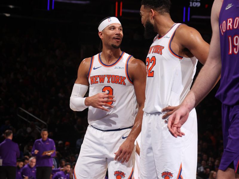 NEW YORK, NY - JANUARY 8:  Josh Hart #3 and Karl-Anthony Towns #32 of the New York Knicks talk during the game against the Toronto Raptors  on January 8, 2025 at Madison Square Garden in New York City, New York.  NOTE TO USER: User expressly acknowledges and agrees that, by downloading and or using this photograph, User is consenting to the terms and conditions of the Getty Images License Agreement. Mandatory Copyright Notice: Copyright 2024 NBAE  (Photo by Nathaniel S. Butler/NBAE via Getty Images)