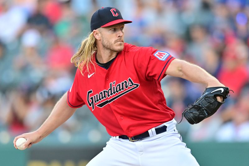 Aug 22, 2023; Cleveland, Ohio, USA; Cleveland Guardians starting pitcher Noah Syndergaard (34) throws a pitch during the first inning against the Los Angeles Dodgers at Progressive Field. Mandatory Credit: Ken Blaze-USA TODAY Sports