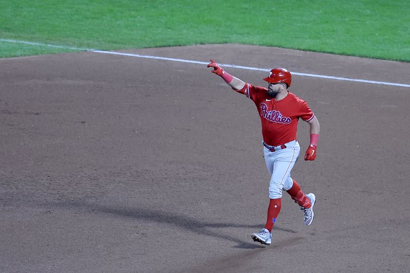 Sep 30, 2023; New York City, New York, USA; Philadelphia Phillies designated hitter Kyle Schwarber (12) rounds the bases after hitting a three run home run against the New York Mets during the fourth inning at Citi Field. Mandatory Credit: Brad Penner-USA TODAY Sports