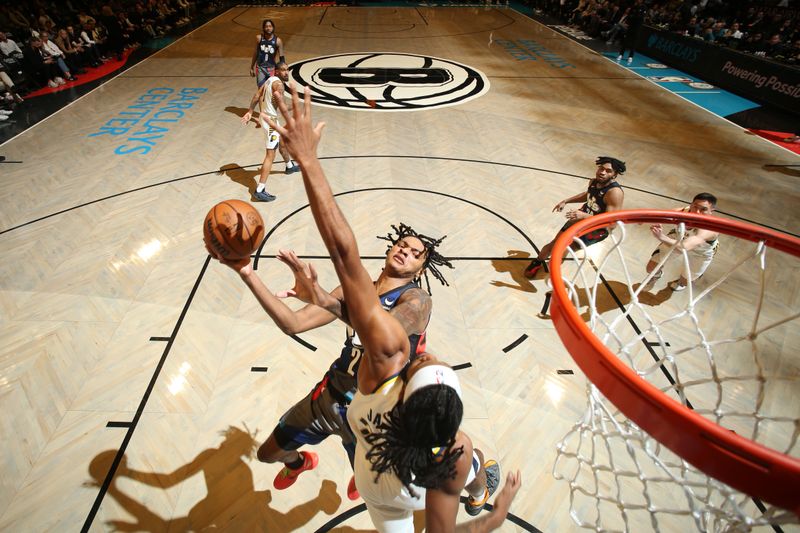 BROOKLYN, NY - APRIL 3: Noah Clowney #21 of the Brooklyn Nets  drives to the basket during the game against the Indiana Pacers on April 3, 2024 at Barclays Center in Brooklyn, New York. NOTE TO USER: User expressly acknowledges and agrees that, by downloading and or using this Photograph, user is consenting to the terms and conditions of the Getty Images License Agreement. Mandatory Copyright Notice: Copyright 2024 NBAE (Photo by Nathaniel S. Butler/NBAE via Getty Images)