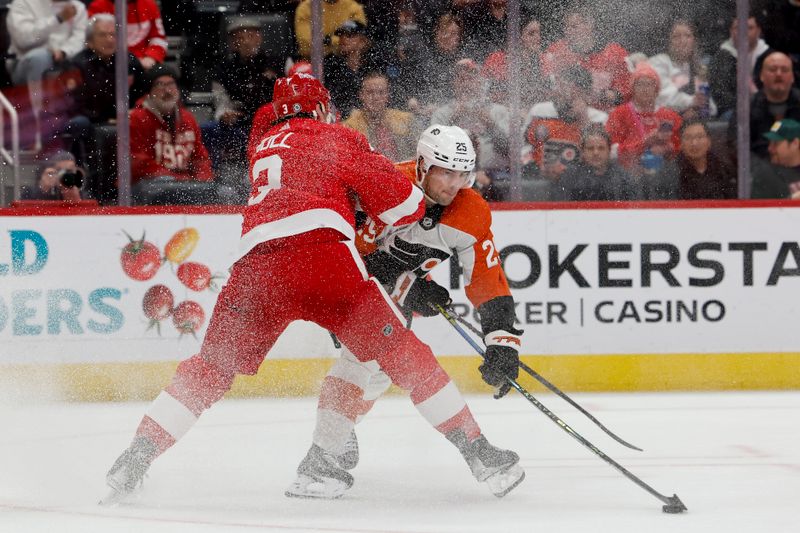 Jan 25, 2024; Detroit, Michigan, USA;  Detroit Red Wings defenseman Justin Holl (3) and Philadelphia Flyers center Ryan Poehling (25) battle for the puck in the third period at Little Caesars Arena. Mandatory Credit: Rick Osentoski-USA TODAY Sports