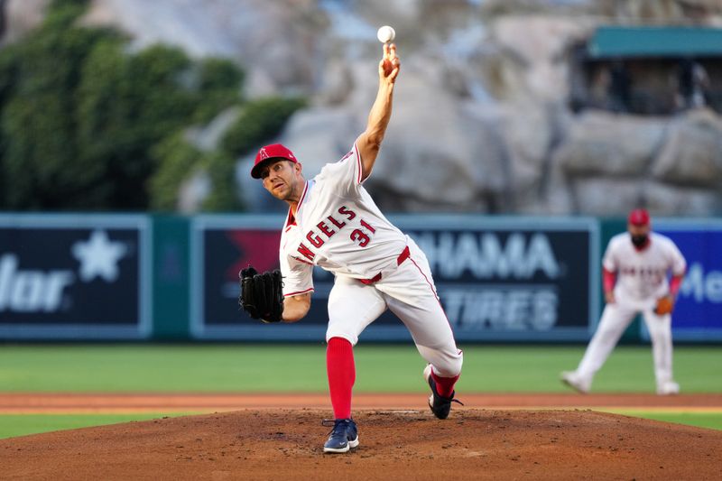 Aug 14, 2024; Anaheim, California, USA; Los Angeles Angels starting pitcher Tyler Anderson (31) throws in the third inning against the Toronto Blue Jays at Angel Stadium. Mandatory Credit: Kirby Lee-USA TODAY Sports