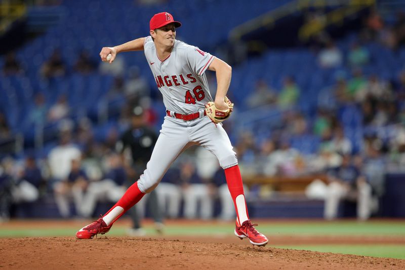 Sep 20, 2023; St. Petersburg, Florida, USA;  Los Angeles Angels relief pitcher Jimmy Herget (46) throws a pitch against the Tampa Bay Rays in the seventh inning at Tropicana Field. Mandatory Credit: Nathan Ray Seebeck-USA TODAY Sports