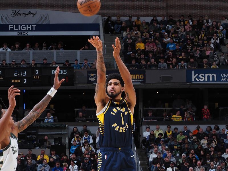 INDIANAPOLIS, IN - JANUARY 3: Obi Toppin #1 of the Indiana Pacers shoots the ball during the game against the Milwaukee Bucks on January 3, 2024 at Gainbridge Fieldhouse in Indianapolis, Indiana. NOTE TO USER: User expressly acknowledges and agrees that, by downloading and or using this Photograph, user is consenting to the terms and conditions of the Getty Images License Agreement. Mandatory Copyright Notice: Copyright 2024 NBAE (Photo by Ron Hoskins/NBAE via Getty Images)