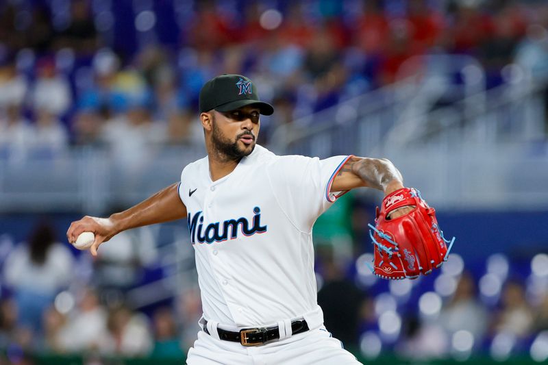 Jun 21, 2023; Miami, Florida, USA; Miami Marlins starting pitcher Sandy Alcantara (22) delivers a pitch against the Toronto Blue Jays during the first inning at loanDepot Park. Mandatory Credit: Sam Navarro-USA TODAY Sports