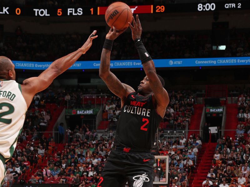 MIAMI, FL - FEBRUARY 11: Terry Rozier III #2 of the Miami Heat shoots the ball during the game against the Boston Celtics on February 11, 2024 at Kaseya Center in Miami, Florida. NOTE TO USER: User expressly acknowledges and agrees that, by downloading and or using this Photograph, user is consenting to the terms and conditions of the Getty Images License Agreement. Mandatory Copyright Notice: Copyright 2024 NBAE (Photo by Issac Baldizon/NBAE via Getty Images)